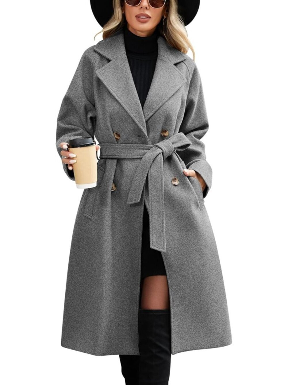 Women's Grey Polyester Mid length Autumn Elegant Double Breasted Long Pea Coat